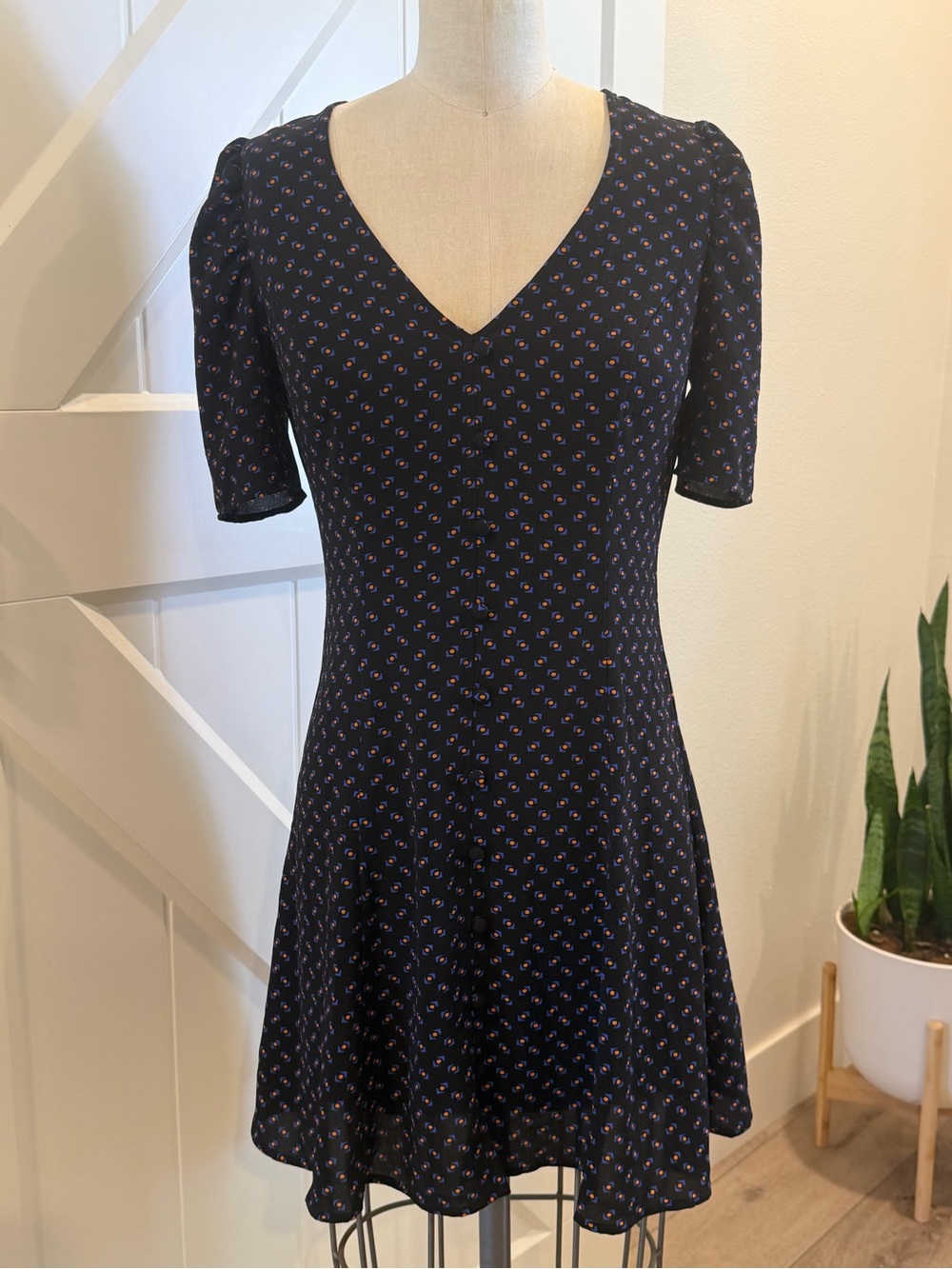 Forever 21 Black V-Neck Mini Dress with Micro Floral Print